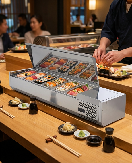 Polarman PLM-R1500L-2S 59" Stainless Steel Countertop Refrigerated Sushi Display Case, (6) 1/3 Size Pans