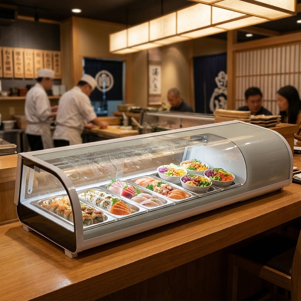 Polarman PLM-R132L 71" Countertop Refrigerated Sushi Display Case with Sliding Door, (5) 1/2 Size Pans, White