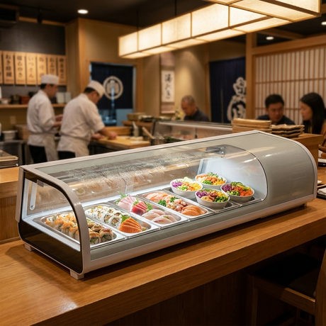 Polarman PLM-R42L 46 3/10" Countertop Refrigerated Sushi Display Case with Sliding Door, (4) 1/3 Size Pans, White