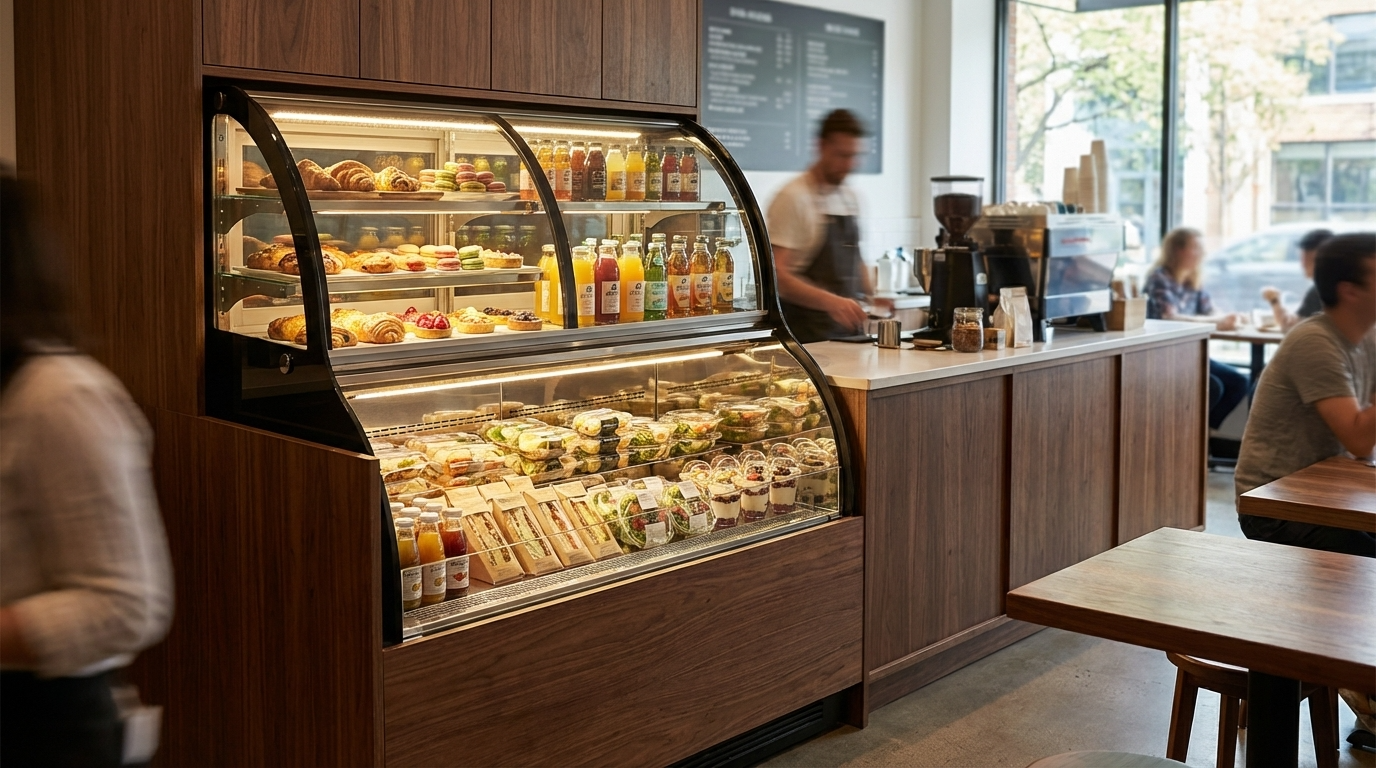 Polarman PLM-R468L 40 1/5" Curved Glass Refrigerated Air Curtain Merchandiser with LED Lighting and Night Curtain