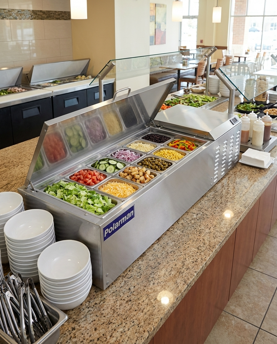 Polarman PLM-PD55 53" Countertop Refrigerated Topping Rail, Stainless Steel,(10) 1/6 Size Pans