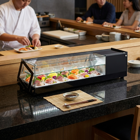 Polarman PLM-R44L 44 1/2" Countertop Refrigerated Sushi Display Case with Sliding Door, (4) 1/3 Size Pans, Black