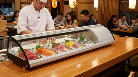 Polarman PLM-R43L 44 1/2" Countertop Refrigerated Sushi Display Case with Sliding Door, (4) 1/3 Size Pans, White