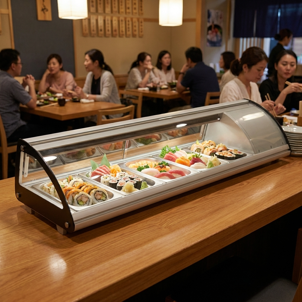 Polarman PLM-R103L 69 1/10" Countertop Refrigerated Sushi Display Case with Sliding Door, (5) 1/2 Size Pans, White