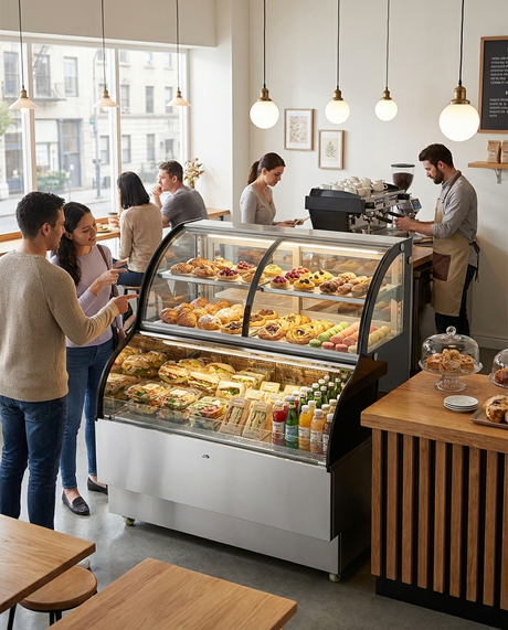 Polarman PLM-R348L 35 2/5" Curved Glass Refrigerated Air Curtain Merchandiser with LED Lighting and Night Curtain