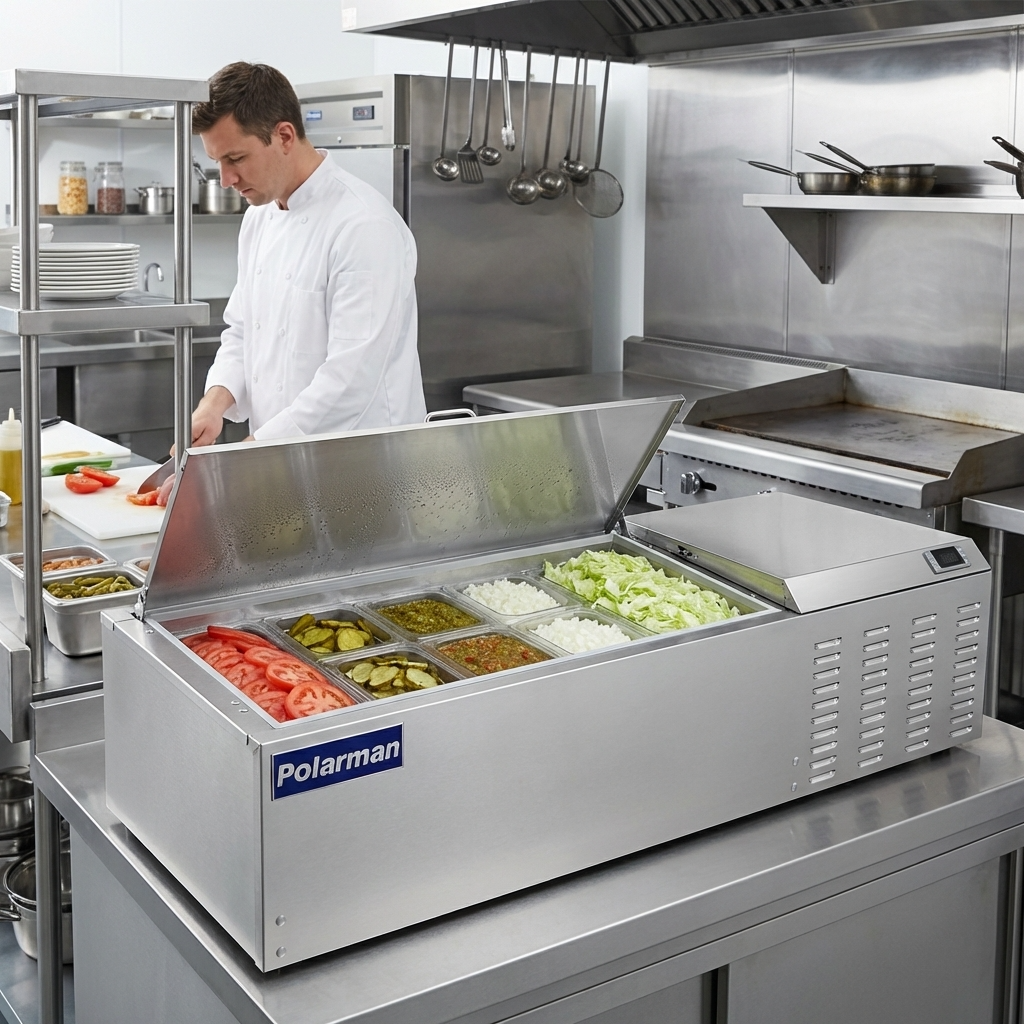Polarman PLM-PD55 53" Countertop Refrigerated Topping Rail, Stainless Steel,(10) 1/6 Size Pans