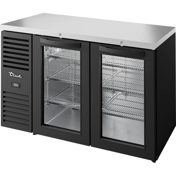 True TBR52-RISZ1-L-B-GG-1 52 inch black glass swing door back bar refrigerator