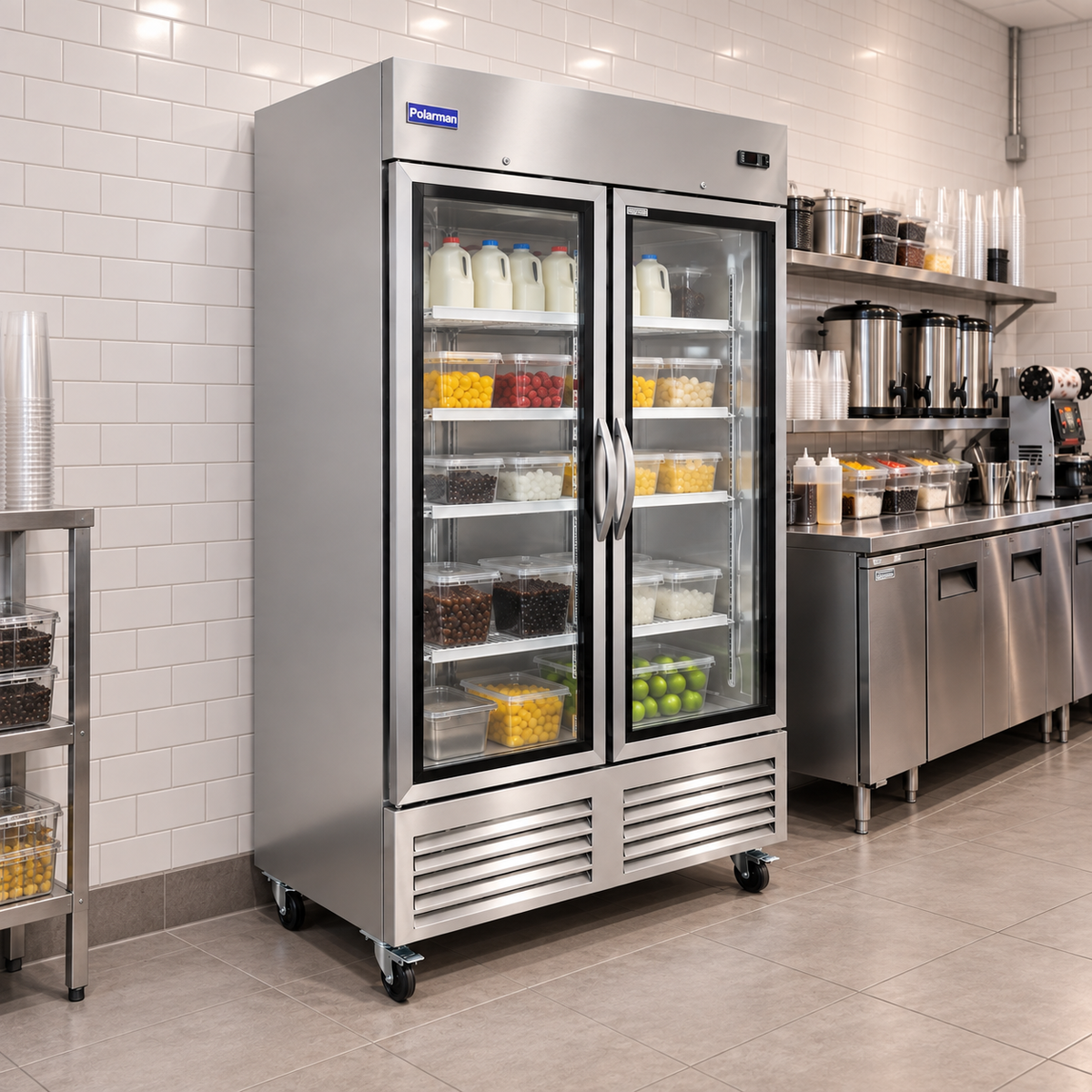 Polarman PLM-54RGS 53 15/16" Reach-In Refrigerator with Double Glass Doors with LED Lighting, Bottom Mount, Stainless Steel, 49 cu. ft.
