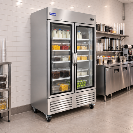 Polarman PLM-54RGS 53 15/16" Reach-In Refrigerator with Double Glass Doors with LED Lighting, Bottom Mount, Stainless Steel, 49 cu. ft.