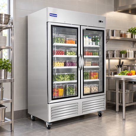 Polarman PLM-54RGS 53 15/16" Reach-In Refrigerator with Double Glass Doors with LED Lighting, Bottom Mount, Stainless Steel, 49 cu. ft.