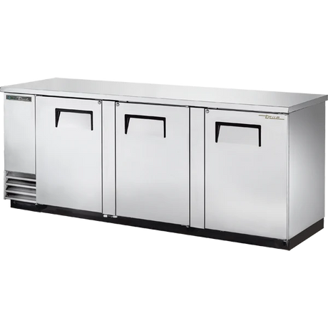 True TBB-4-S-HC 90 3/8" Stainless Steel 3 Solid Door Back Bar Refrigerator