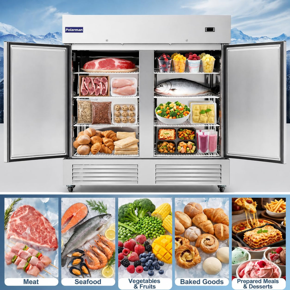54" W Commercial Freezer with 2 door Stainless Steel 49 Cu. Ft Reach-in Freezer Auto-Defrost Fan Cooling Freezer for Restaurant, Commercial Kitchen, Shop, ETL Certification -10℉[B0D4DFCXZW]