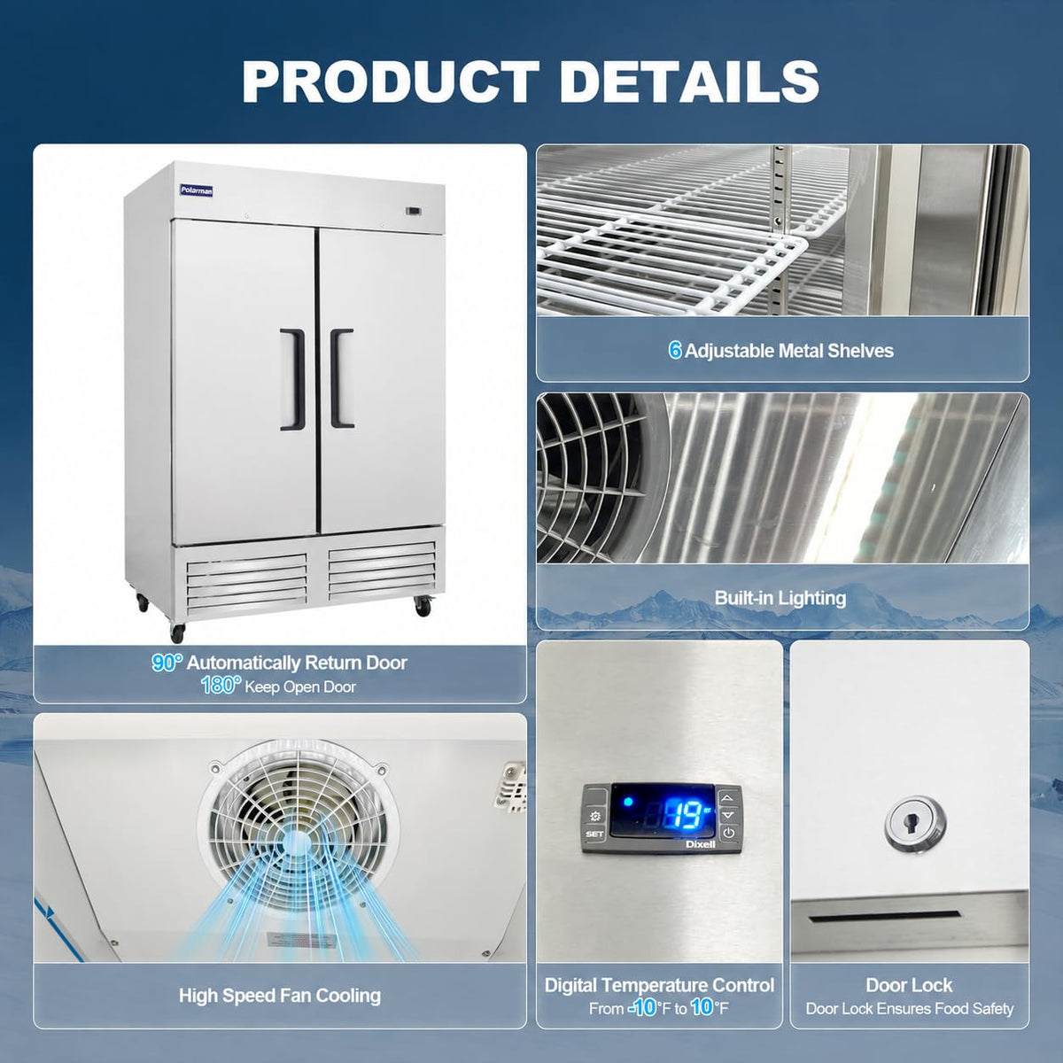 54" W Commercial Freezer with 2 door Stainless Steel 49 Cu. Ft Reach-in Freezer Auto-Defrost Fan Cooling Freezer for Restaurant, Commercial Kitchen, Shop, ETL Certification -10℉[B0D4DFCXZW]