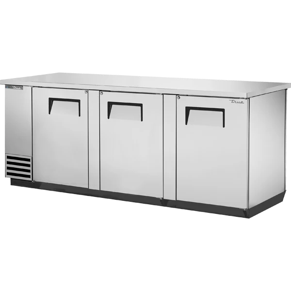True TBB-4PT-S-HC 90 5/16" Stainless Steel 3 Solid Door Pass-Thru Back Bar Refrigerator