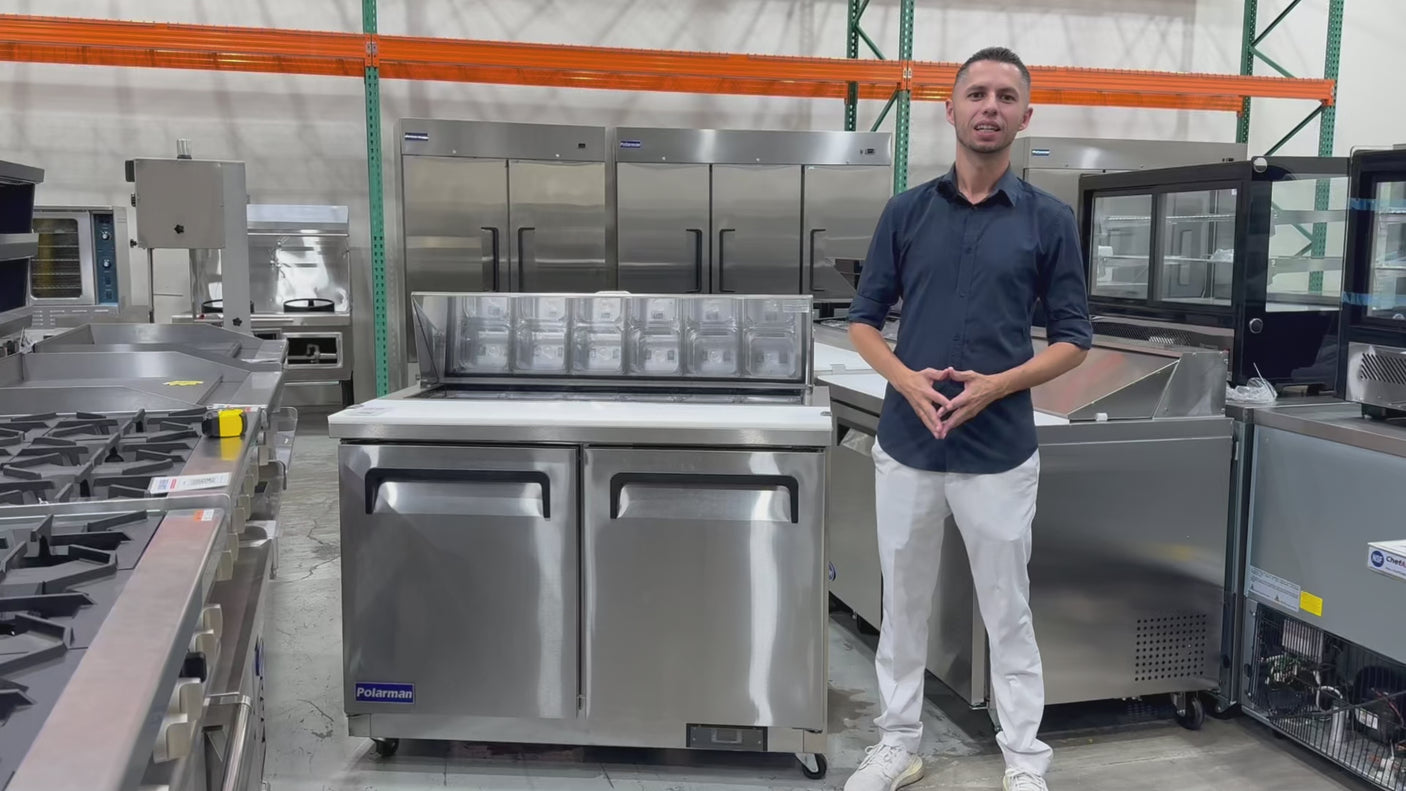 Polarman PLM-S48S 48 1/4" Stainless Steel Sandwich Prep Table with Two Solid Full Doors, (12) 1/6 Size Pans