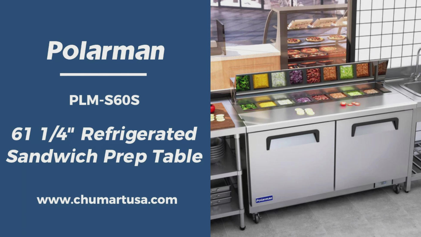 Polarman PLM-S60S 61 1/4" Stainless Steel Sandwich Prep Table with Two Solid Full Doors, (16) 1/6 Size Pans