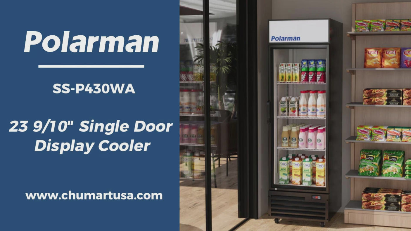 Polarman PLM-SGD24R 23 9/10" Black Refrigerated Swing Glass Door Merchandiser with LED Lighting, 14.3 cu.ft（SS-P430WA）