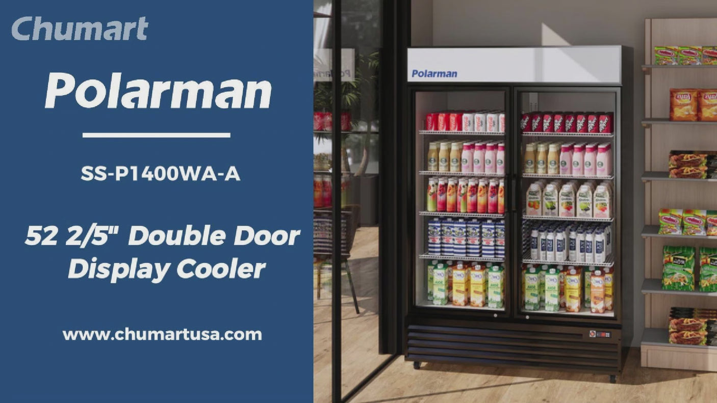 Polarman PLM-SGD52R 52 2/5" Black Refrigerated Double Swing Glass Door Merchandiser with LED Lighting, 43 cu.ft（SS-P1400WA-A）