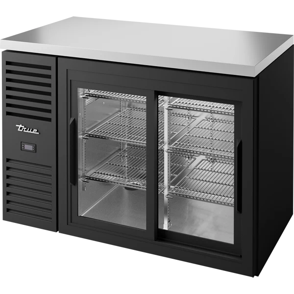 True TBR48-RISZ1-L-B-11-1 48 inch black glass slide door back bar refrigerator