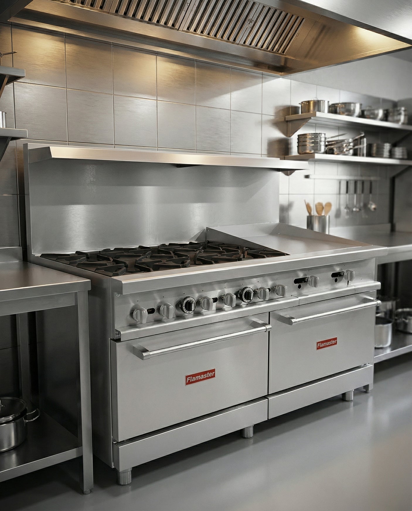 Flamaster FLM-R60-24MG 60" NG/LPG Commercial Gas Range, 6 Open Burners, 24" Griddle, and 2 Standard Ovens, 306,000 BTU