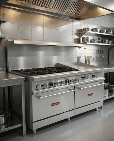 Flamaster FLM-R60-24MG 60" NG/LPG Commercial Gas Range, 6 Open Burners, 24" Griddle, and 2 Standard Ovens, 306,000 BTU