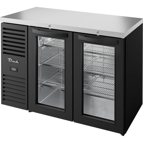 True TBR48-RISZ1-L-B-GG-1 48 inch black glass swing door back bar refrigerator