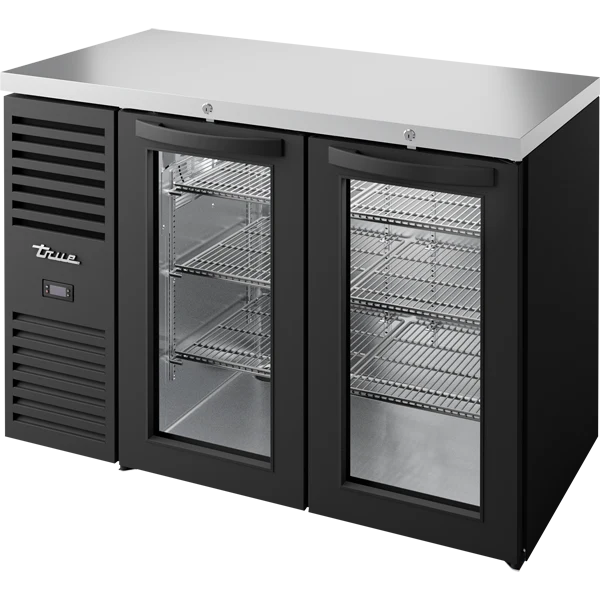 True TBR48-RISZ1-L-B-GG-1 48 inch black glass swing door back bar refrigerator