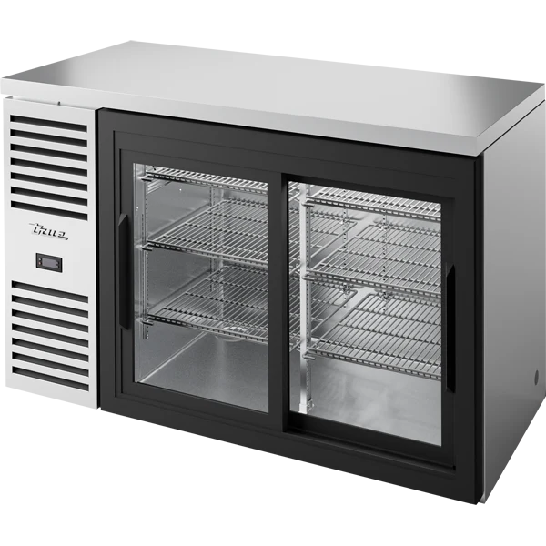 True TBR52-RISZ1-L-S-11-1 52 inch stainless glass slide door back bar refrigerator